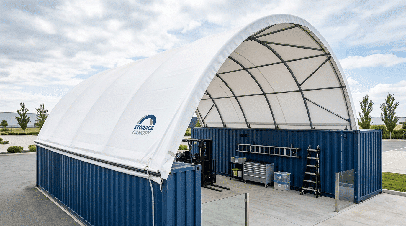 Container canopy shelter protecting equipment and materials outdoors