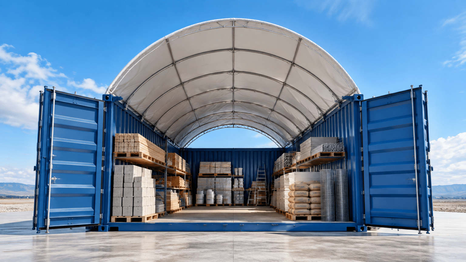 Shipping container roof canopy covering stored building materials
